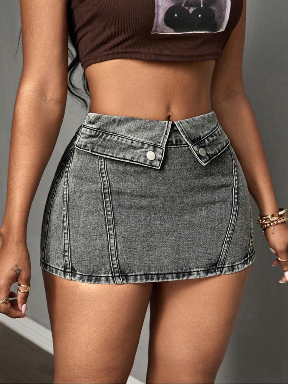 SHEIN Washed Gray V-Waist Denim Mini Skirt with Snap Flap